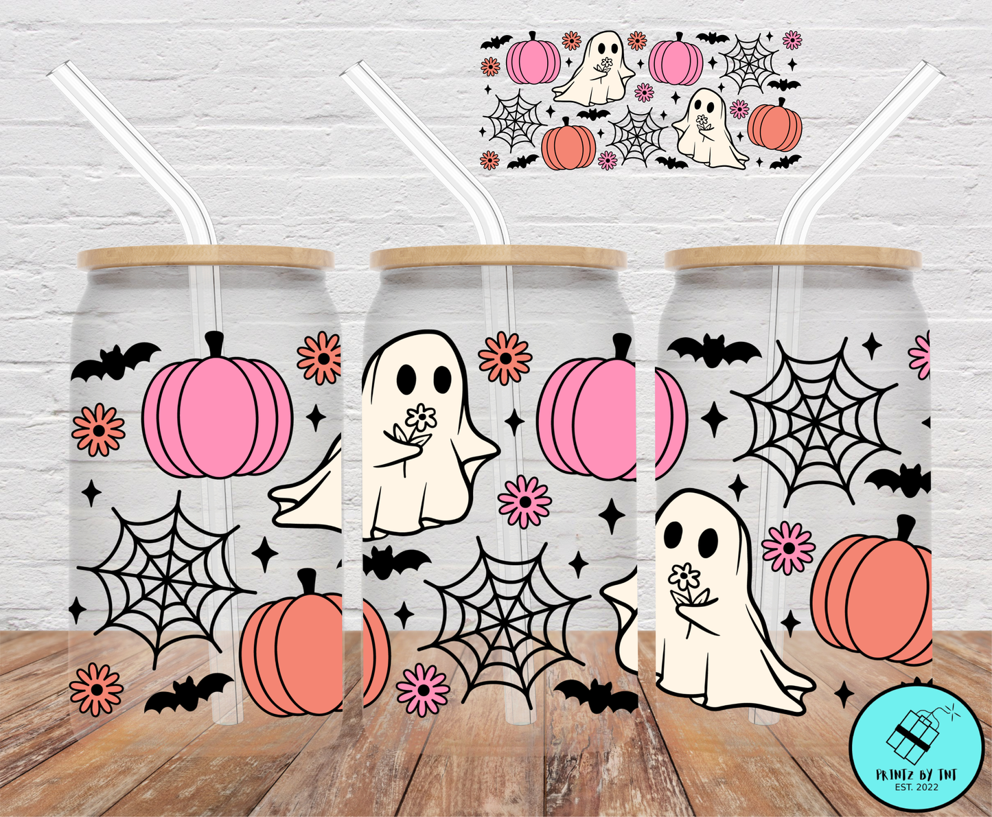 Ghost With Pink & Orange Pumpkins- 16oz Cup Wrap